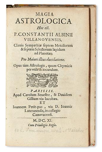 ALBINIUS, PETRUS CONSTANTIUS. Magia astrologica.  1611 + LEONARDI, CAMILLO.  Speculum lapidum.  1610.  Lacks title and 2 portraits.